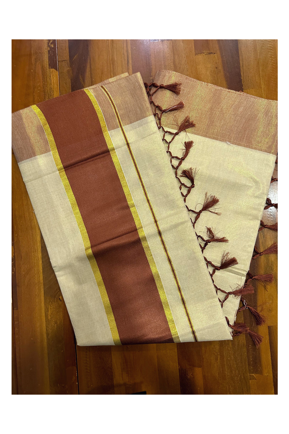 Kerala Kasavu Tissue Plain Saree with Brown and Kasavu Border and Tassels Work on Pallu (Onam Saree 2023)