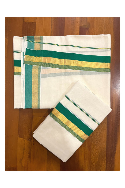 Pure Cotton Kerala Single Set Mundu (Mundum Neriyathum) with Green and Kasavu Border 2.80 Mtrs (Onam Set Mundu 2023)