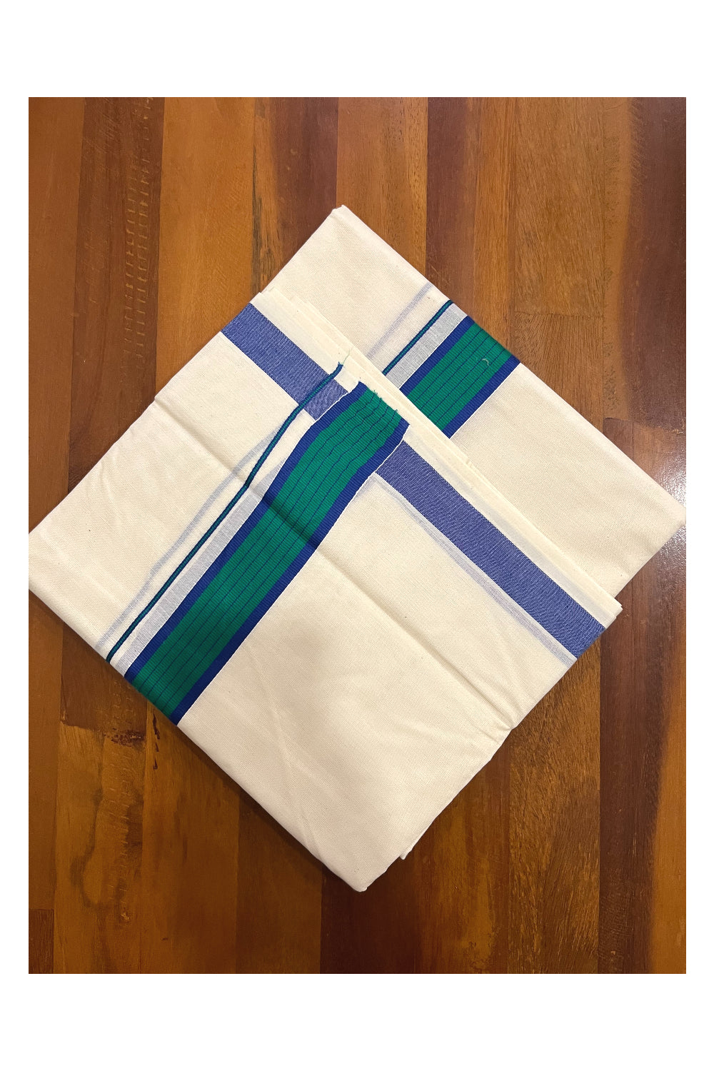 Pure Cotton Kerala Double Mundu with Blue and Green Kara (South Indian Kerala Dhoti)