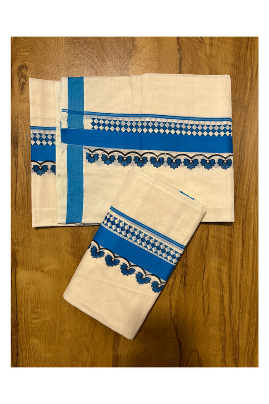 Kerala Cotton Single Set Mundu (Mundum Neriyathum) with Blue Block printed work Border 2.80 Mtrs