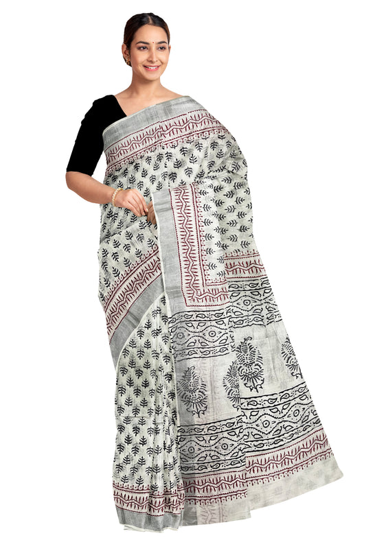 Southloom Linen Pure White Designer Saree with Floral Prints