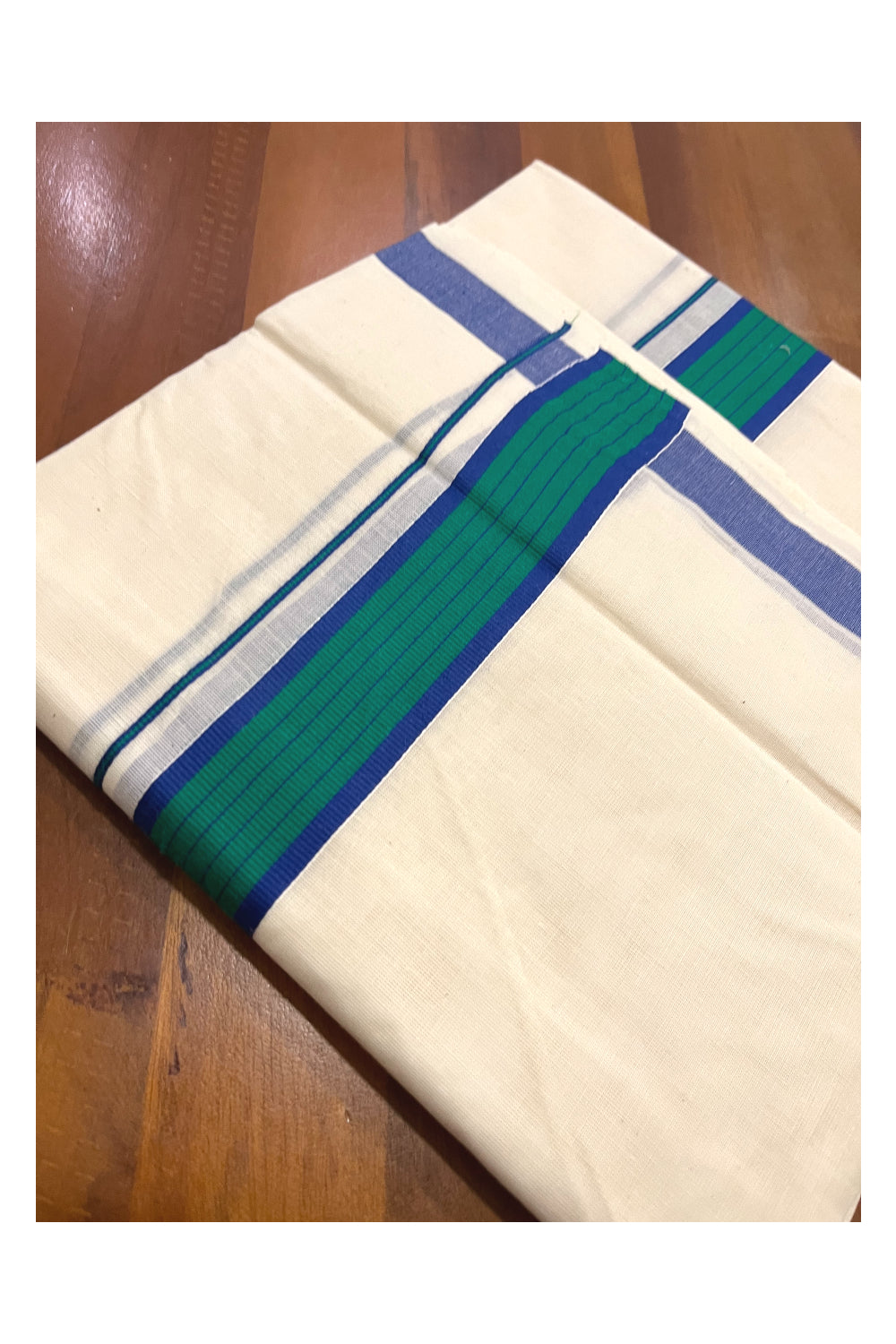 Pure Cotton Kerala Double Mundu with Blue and Green Kara (South Indian Kerala Dhoti)