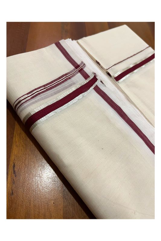 Southloom Premium Balaramapuram Unakkupaavu Handloom Mundu with Maroon and Silver Kasavu Puliyilakkara Border (South Indian Kerala Dhoti)