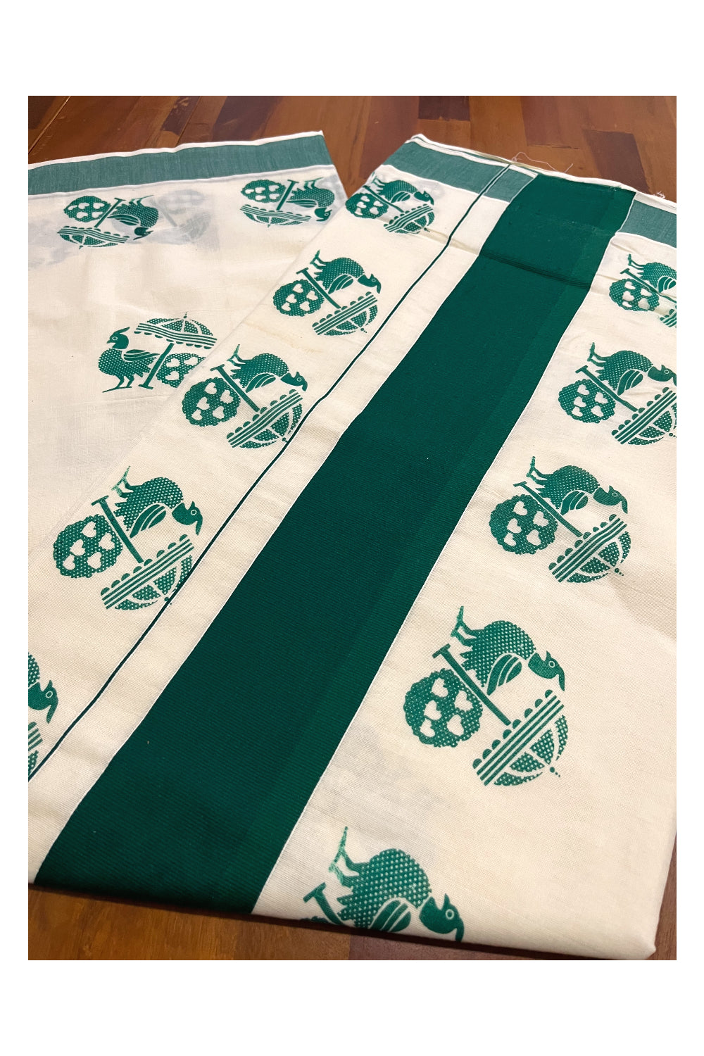 Pure Cotton Kerala Saree with Green Peacock Block Printed Border (Onam Saree 2023)