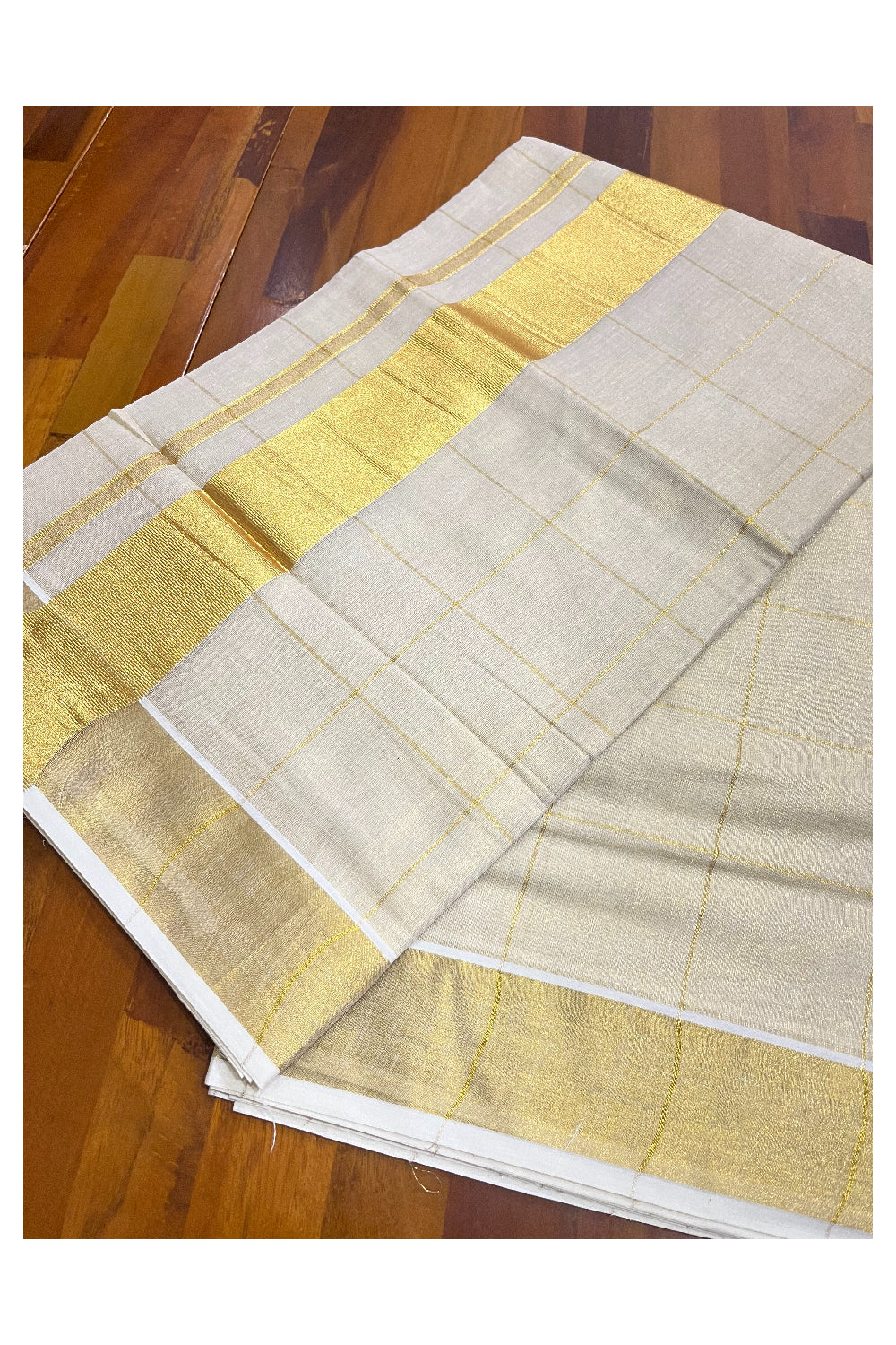 Southloom Kerala Tissue Kasavu Big Check Saree With 3 inch Pallu