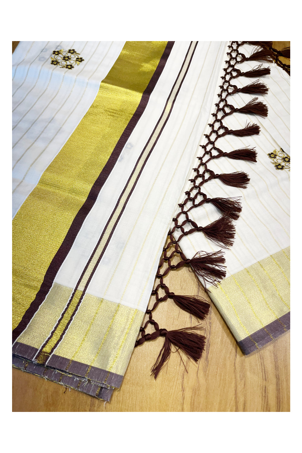 Kerala Cotton Kasavu Lines Saree with Brown and Golden Floral Embroidery Work