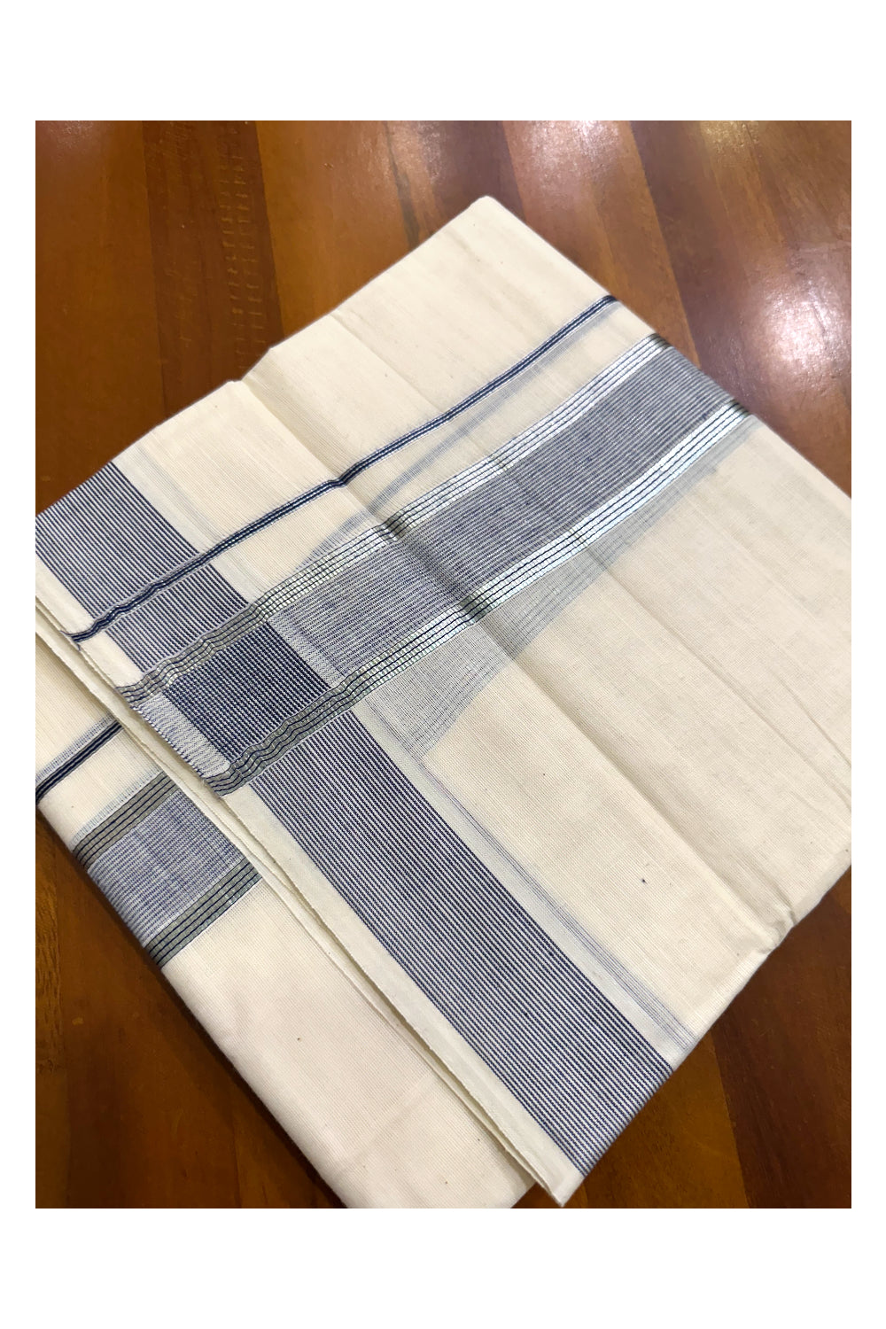 Pure Cotton Off White  Double Mundu with Silver Kasavu Lines And Blue Kara (South Indian Kerala Dhoti)