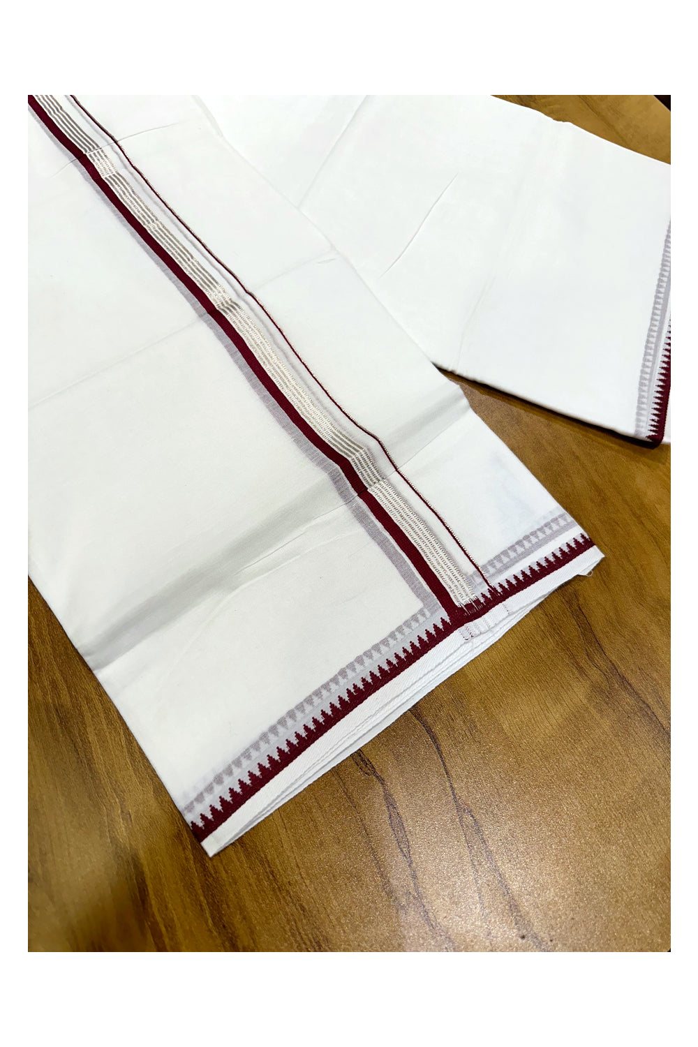 Pure White Cotton Double Mundu with Silver Kasavu and Maroon Border (South Indian Kerala Dhoti)