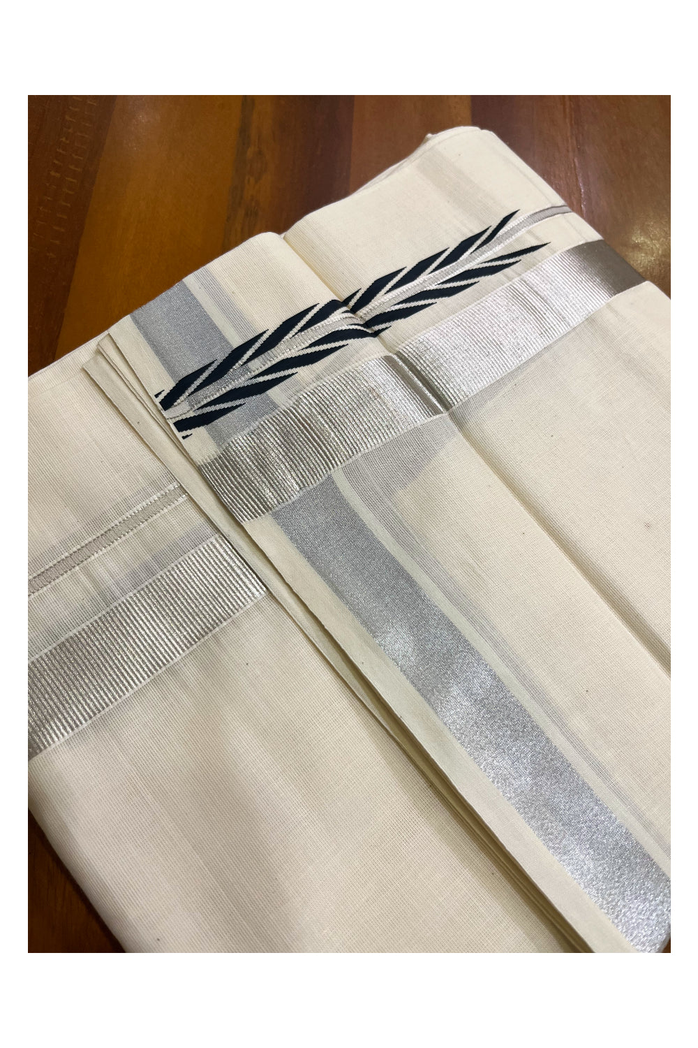 Kerala Pure Cotton Double Mundu with Green Chutti Printed Designs on Silver Kasavu Border (South Indian Kerala Dhoti)