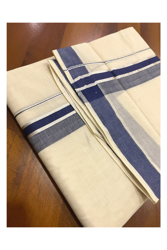 Pure Cotton Kerala Double Mundu with Blue and Silver Kasavu Kara (South Indian Kerala Dhoti)