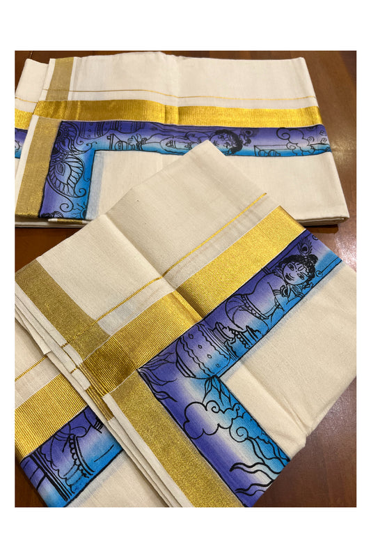 Southloom Handloom Premium Kerala Cotton Single Set Mundu (Mundum Neriyathum) with Hand Painted Designs with Kasavu Border - 2.80Mtrs