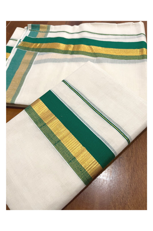 Pure Cotton Kerala Single Set Mundu (Mundum Neriyathum) with Green and Kasavu Border 2.80 Mtrs (Onam Set Mundu 2023)