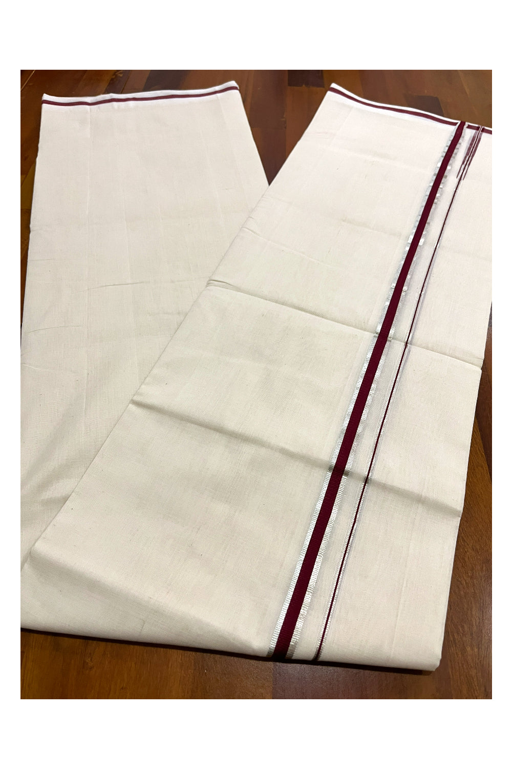 Southloom Premium Balaramapuram Unakkupaavu Handloom Mundu with Maroon and Silver Kasavu Puliyilakkara Border (South Indian Kerala Dhoti)