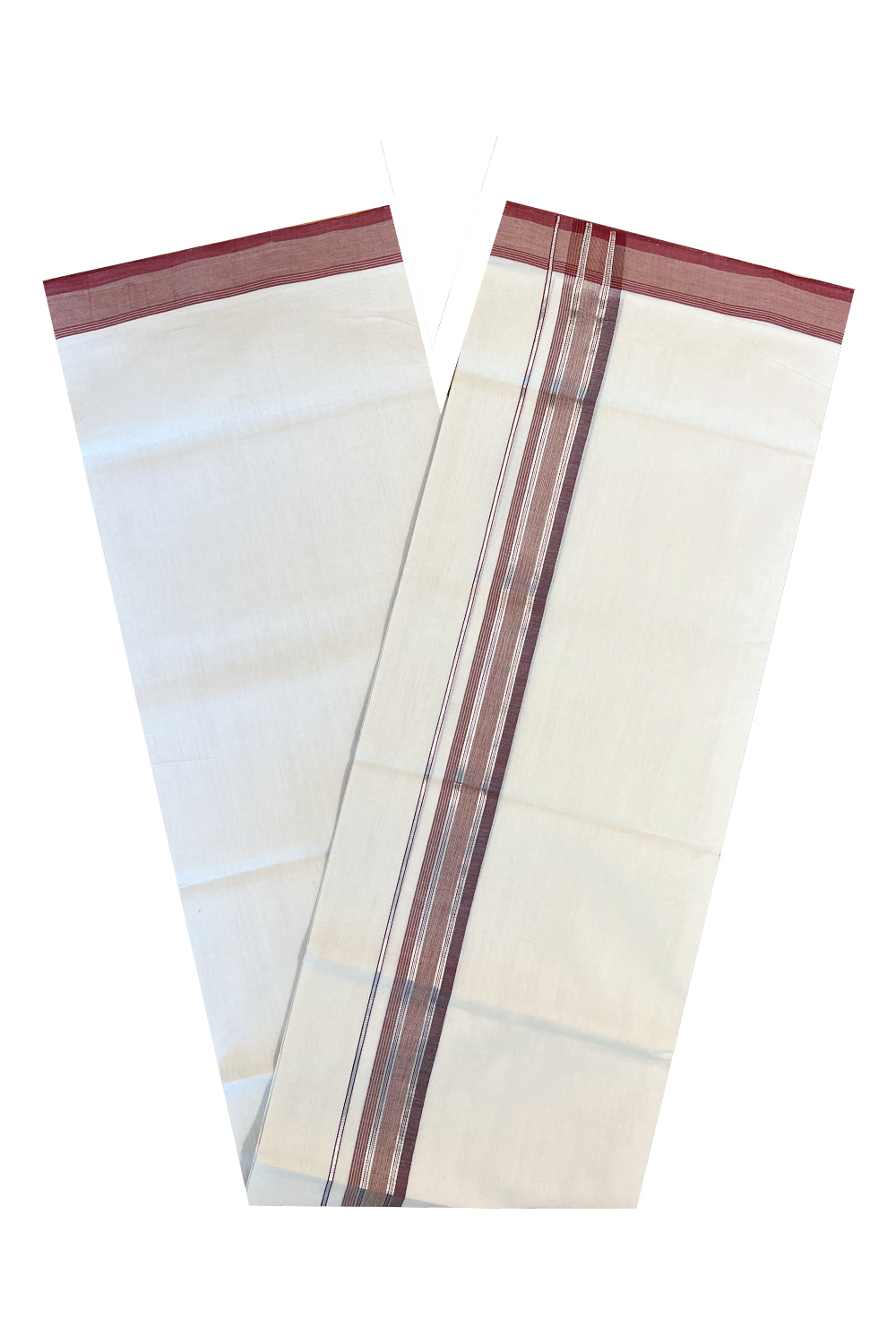 Southloom Premium Handloom Cotton Double Mundu with Silver Kasavu And Maroon Border