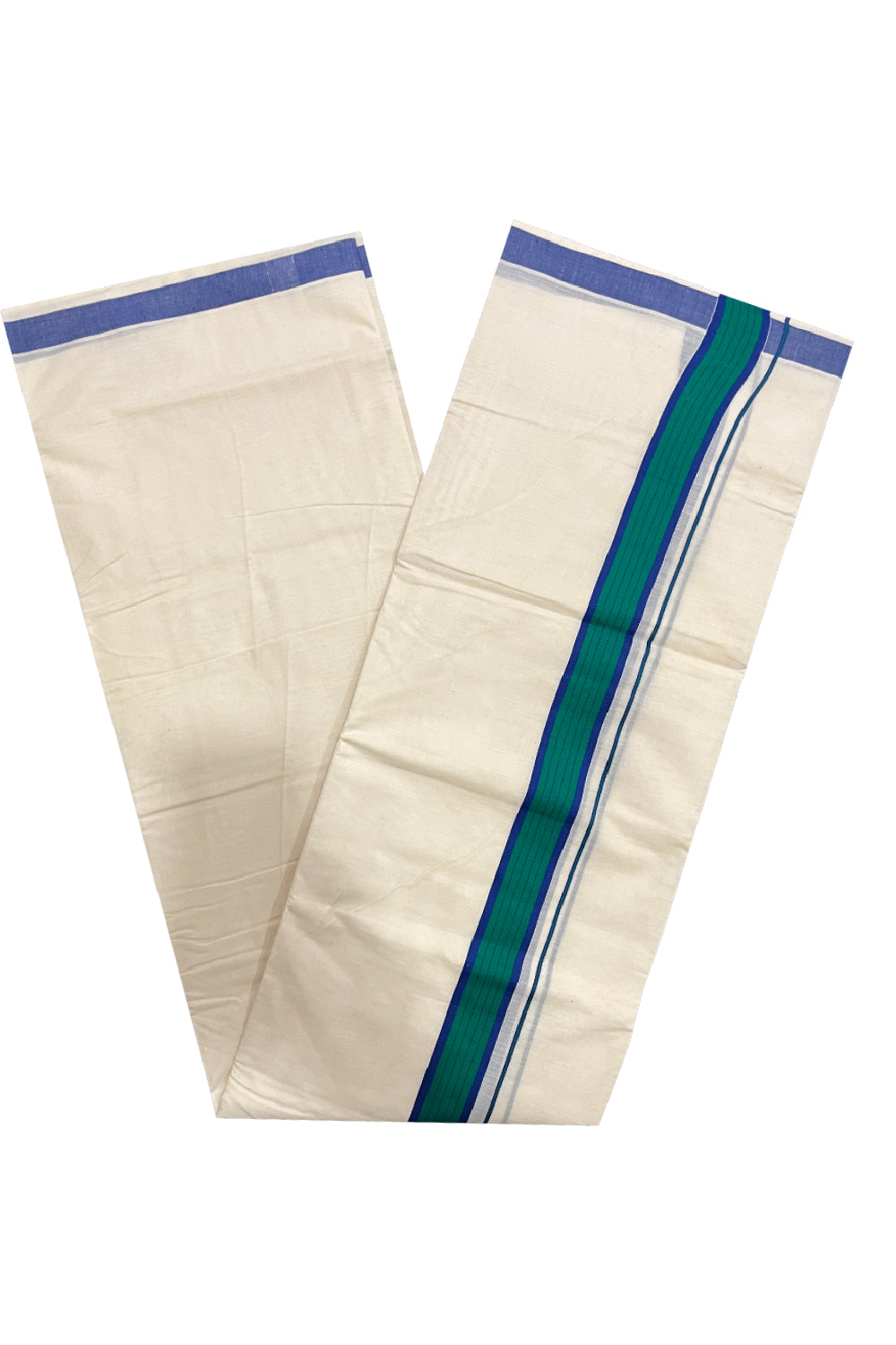 Pure Cotton Kerala Double Mundu with Blue and Green Kara (South Indian Kerala Dhoti)