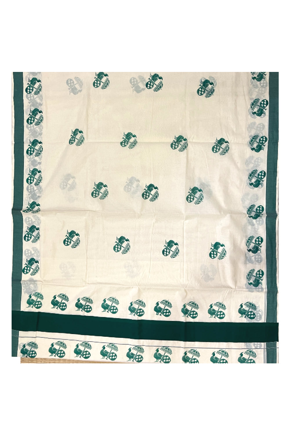 Pure Cotton Kerala Saree with Green Peacock Block Printed Border (Onam Saree 2023)