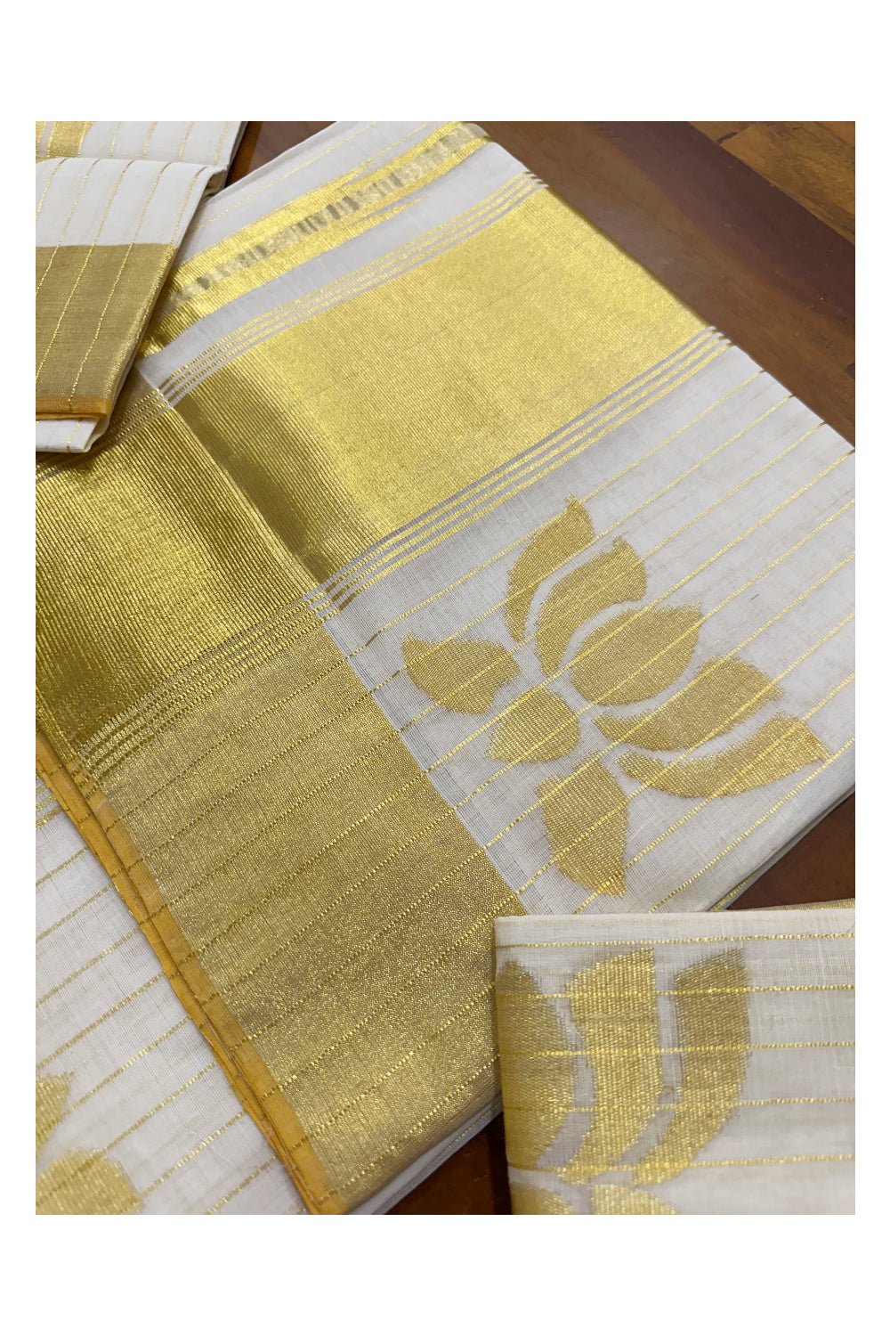 Southloom Super Premium Balaramapuram Handloom Pure Cotton Unakkupaavu Wedding Pudava Set Mundu  With Lotus Woven Designs And Kasavu Lines Across Body