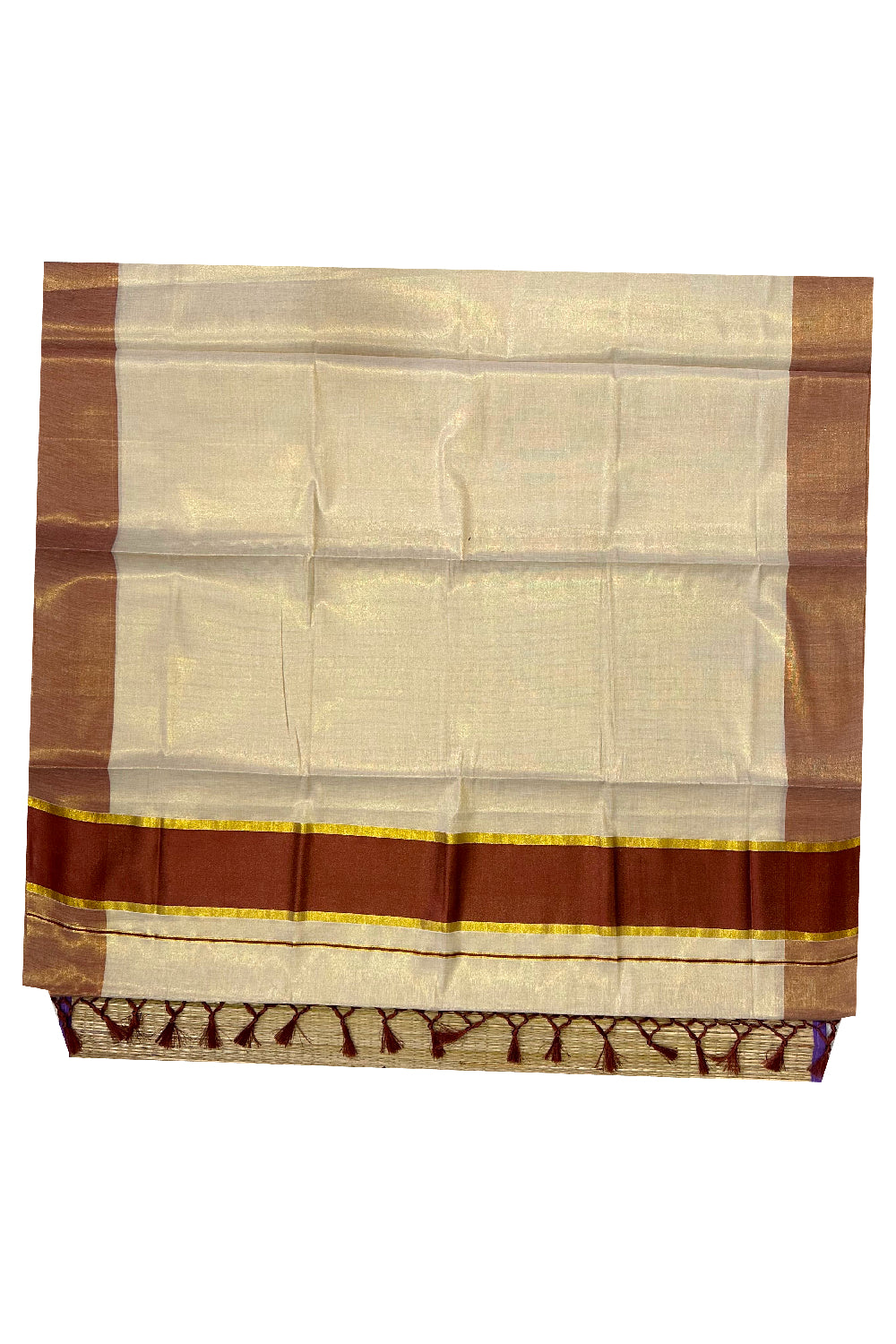 Kerala Kasavu Tissue Plain Saree with Brown and Kasavu Border and Tassels Work on Pallu (Onam Saree 2023)