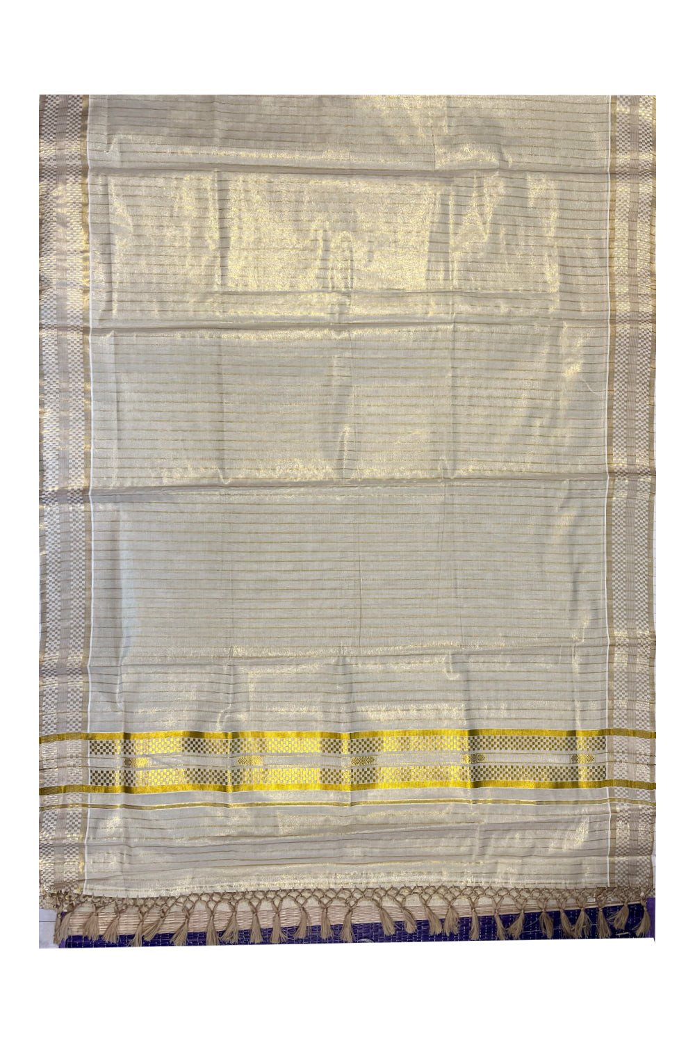 Kerala Tissue Kasavu Lines Saree with Woven Works On Border