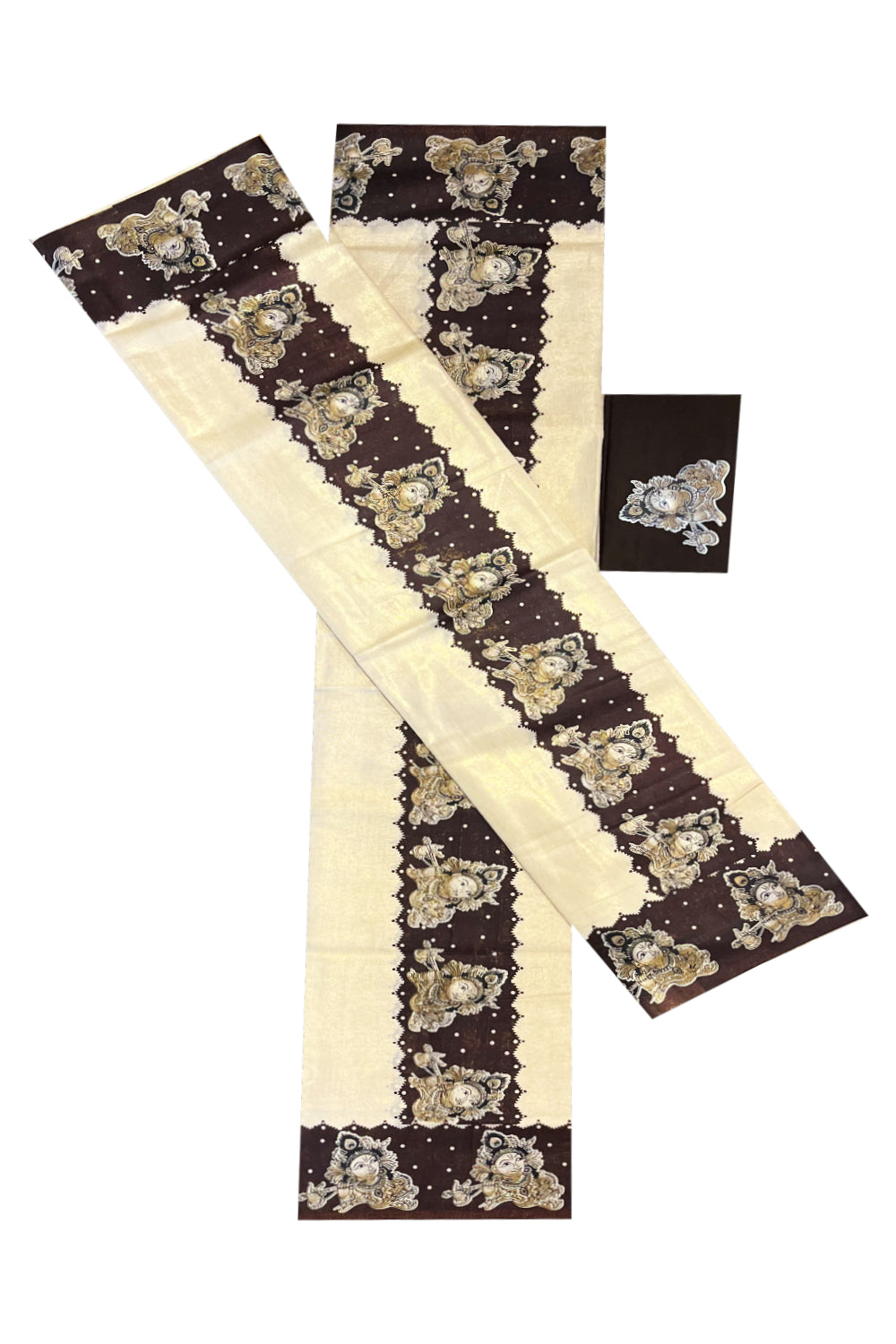 Kerala Tissue Single Set Mundu (Mundum Neriyathum) with Mural Prints on Brown Border And Matching Blouse Piece (2.80 Mtrs)