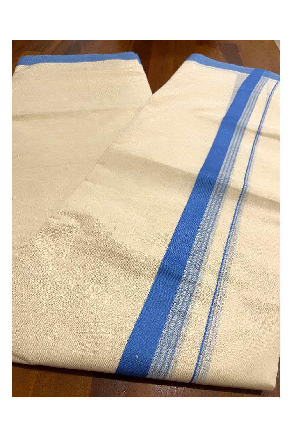 Pure Cotton 100x100 Double Mundu with Blue Border (Onam Mundu 2023)