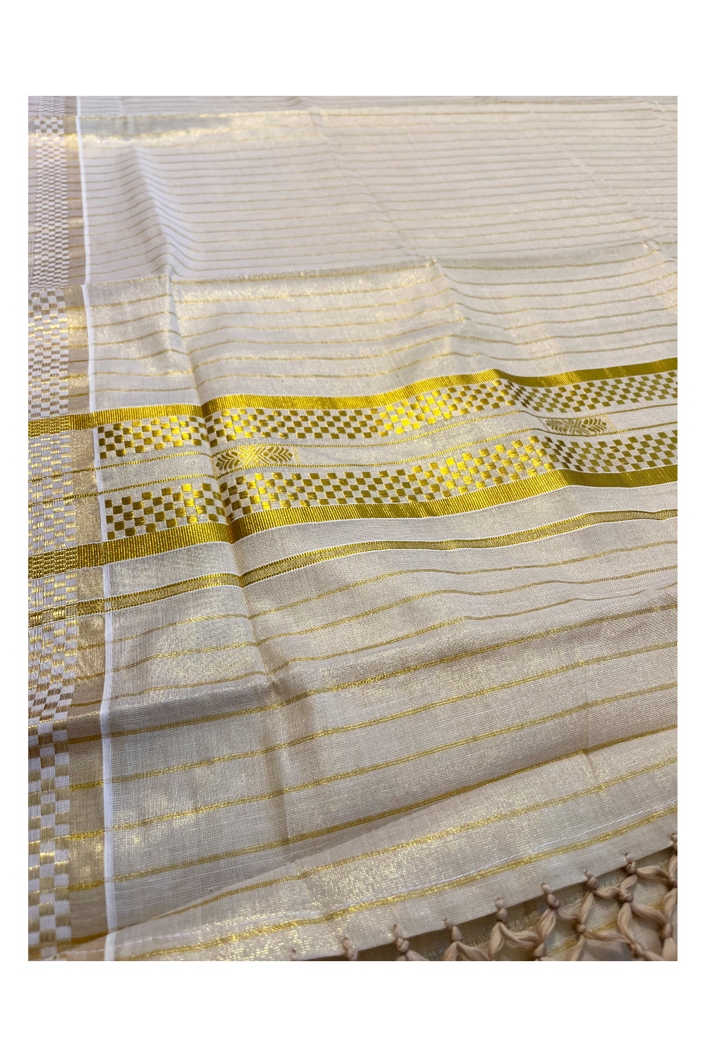 Kerala Tissue Kasavu Lines Saree with Woven Works On Border