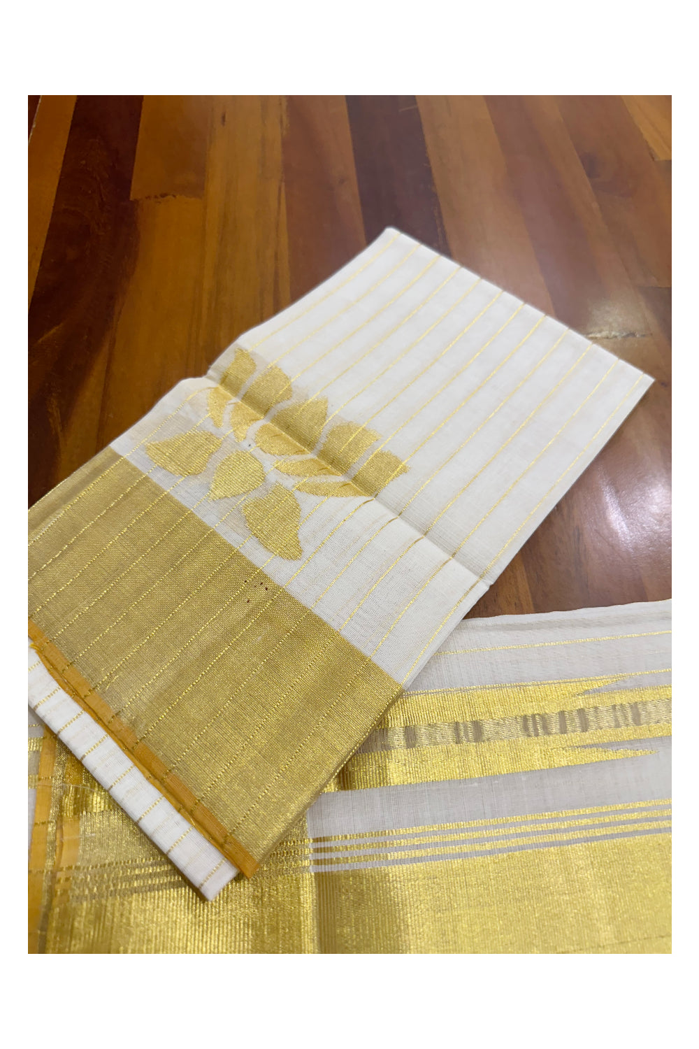 Southloom Super Premium Balaramapuram Handloom Pure Cotton Unakkupaavu Wedding Pudava Set Mundu  With Lotus Woven Designs And Kasavu Lines Across Body