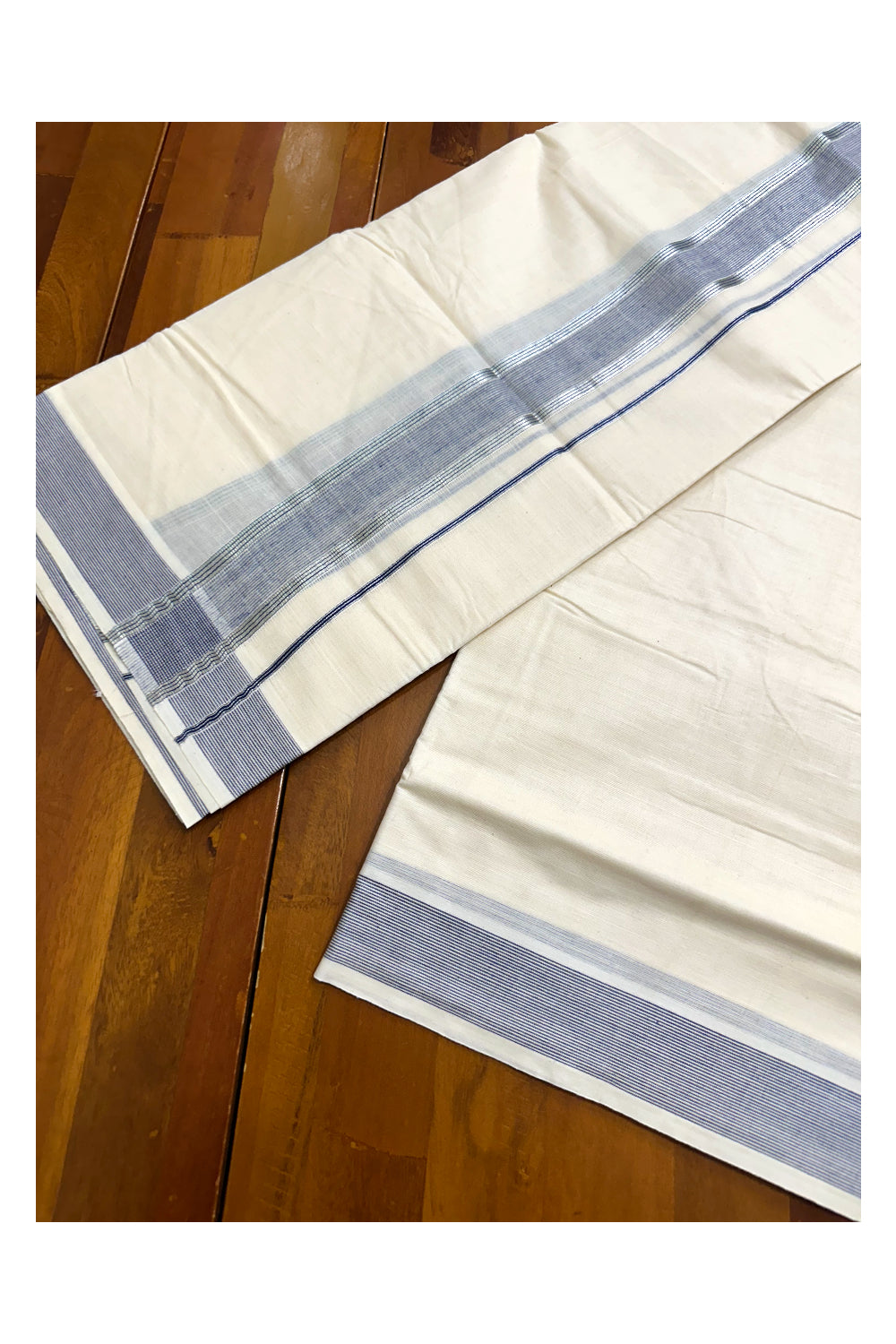 Pure Cotton Off White  Double Mundu with Silver Kasavu Lines And Blue Kara (South Indian Kerala Dhoti)