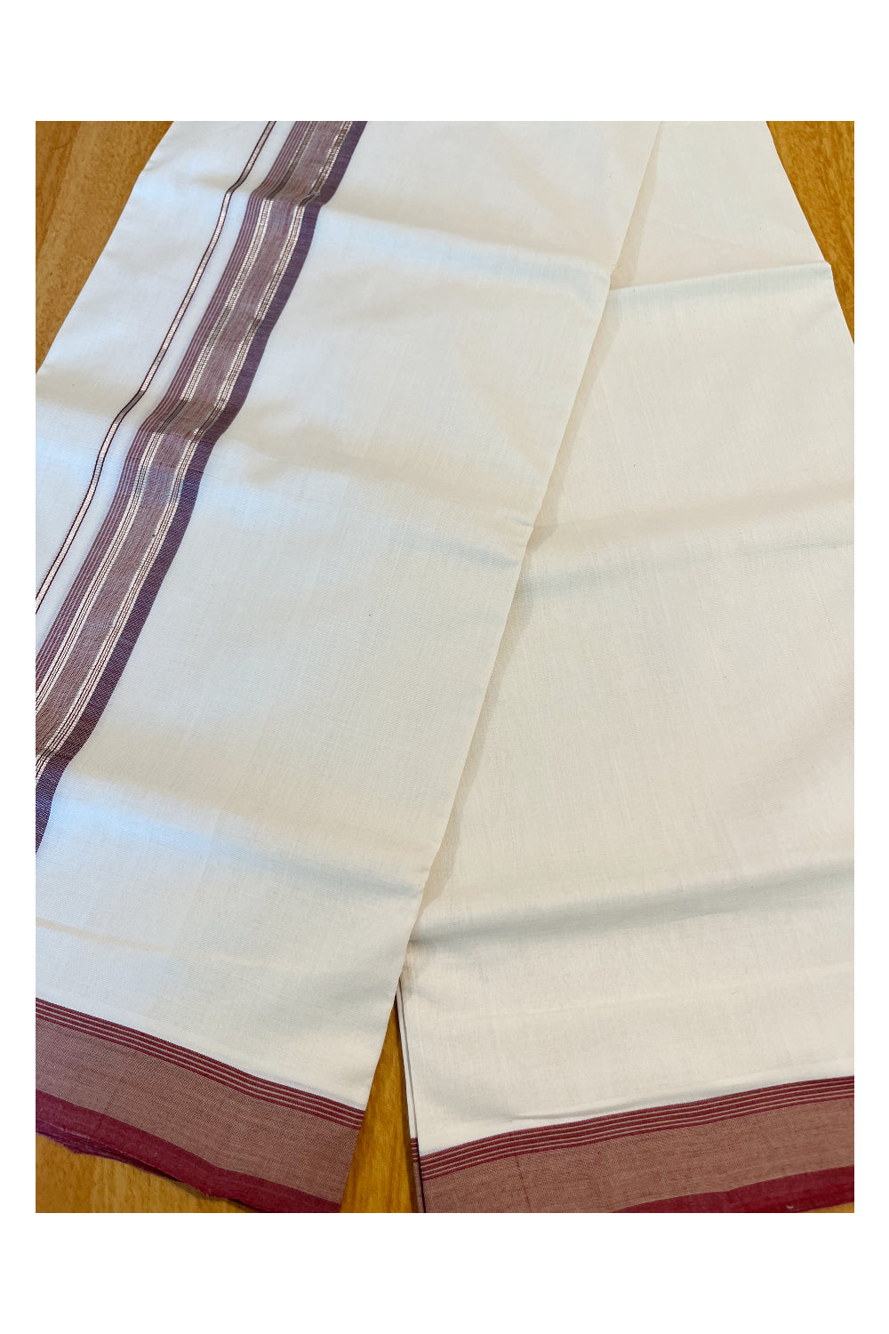 Southloom Premium Handloom Cotton Double Mundu with Silver Kasavu And Maroon Border