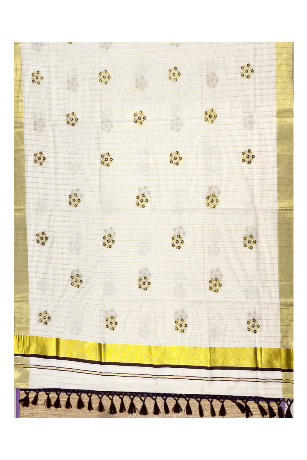 Kerala Cotton Kasavu Lines Saree with Brown and Golden Floral Embroidery Work