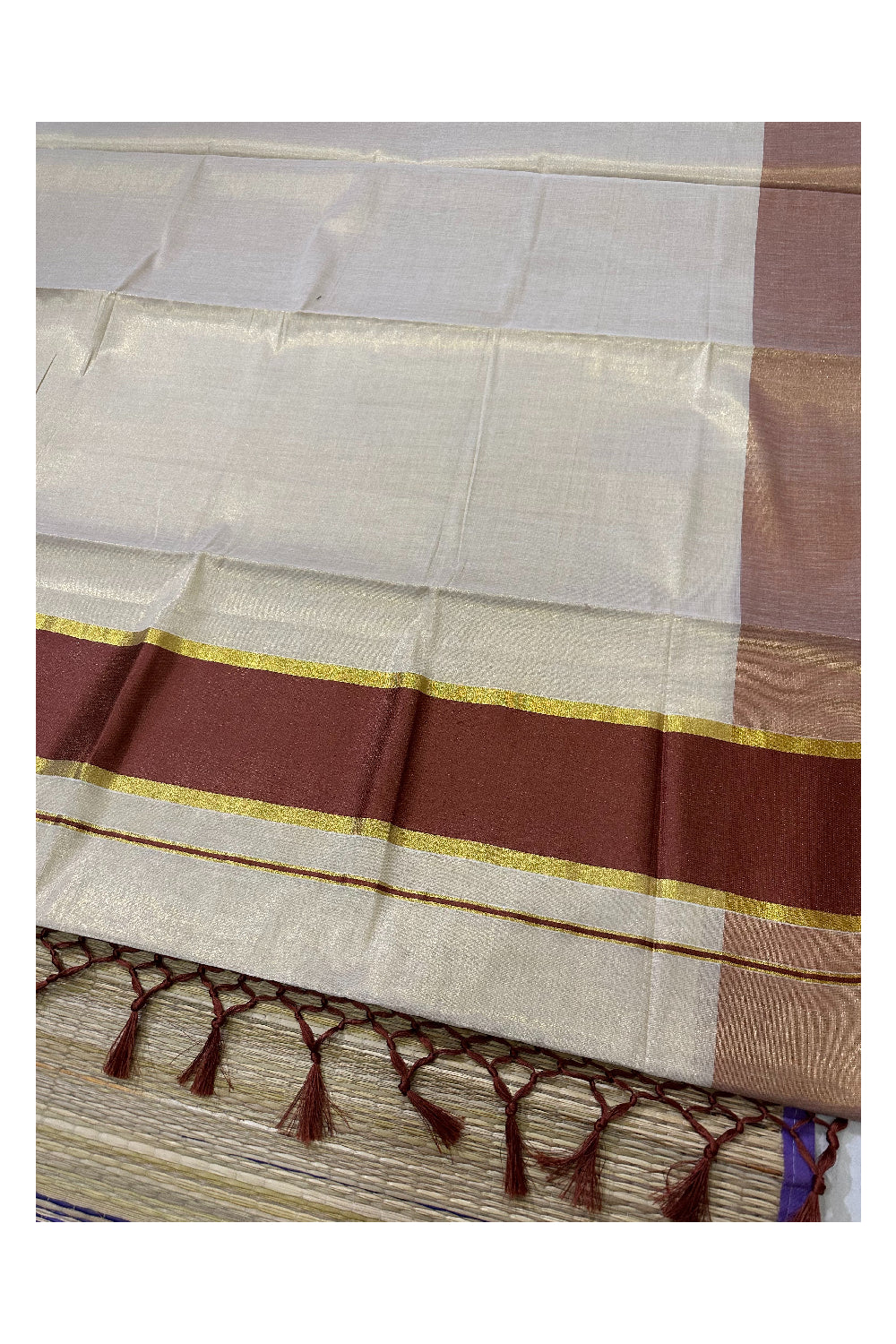 Kerala Kasavu Tissue Plain Saree with Brown and Kasavu Border and Tassels Work on Pallu (Onam Saree 2023)