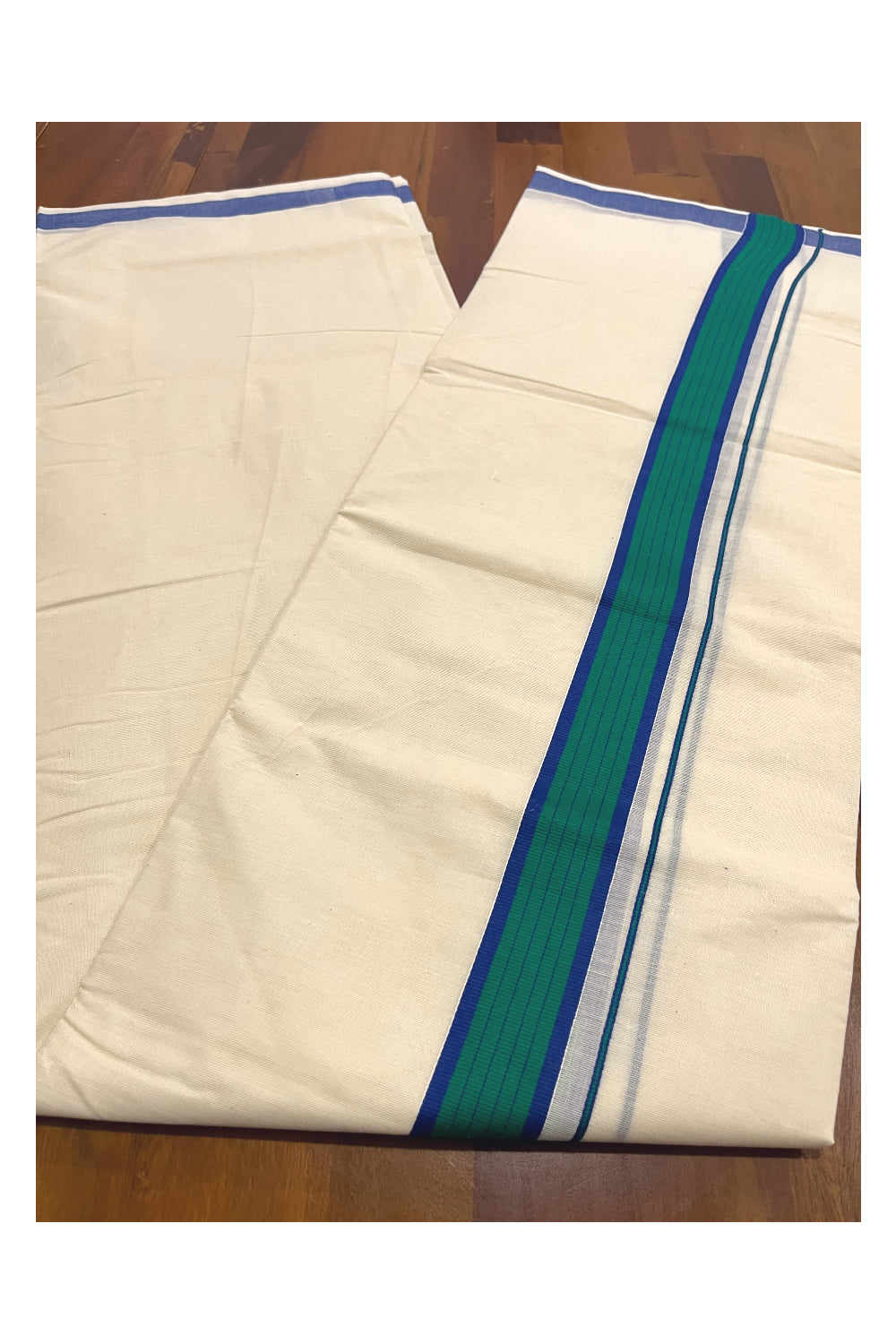 Pure Cotton Kerala Double Mundu with Blue and Green Kara (South Indian Kerala Dhoti)