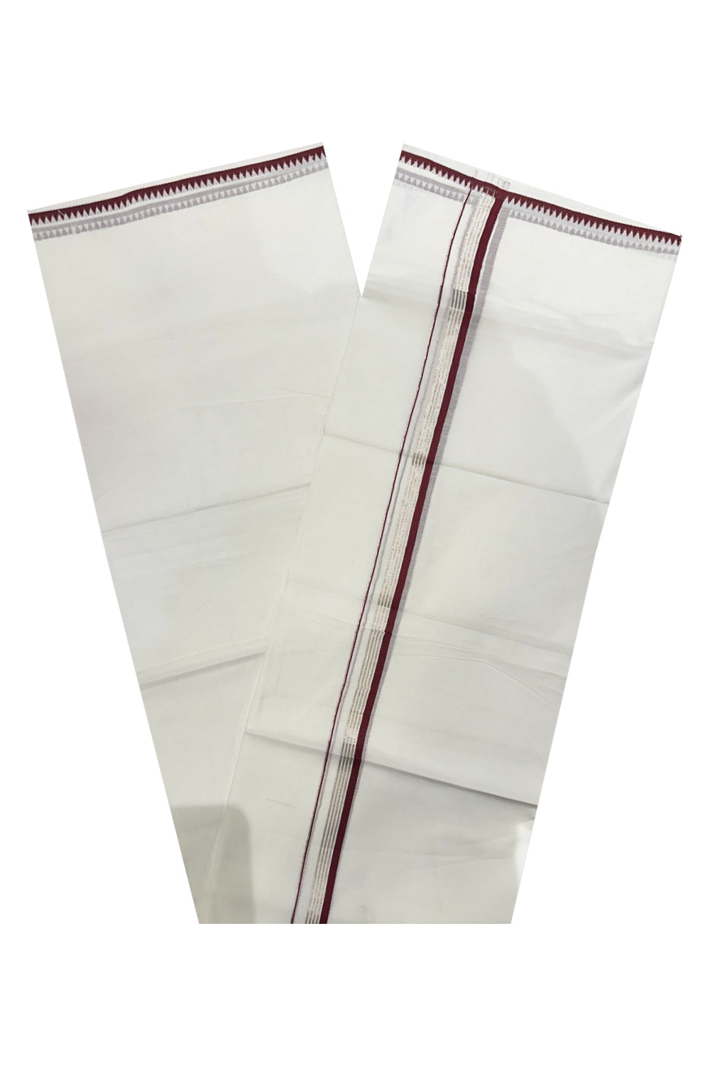 Pure White Cotton Double Mundu with Silver Kasavu and Maroon Border (South Indian Kerala Dhoti)