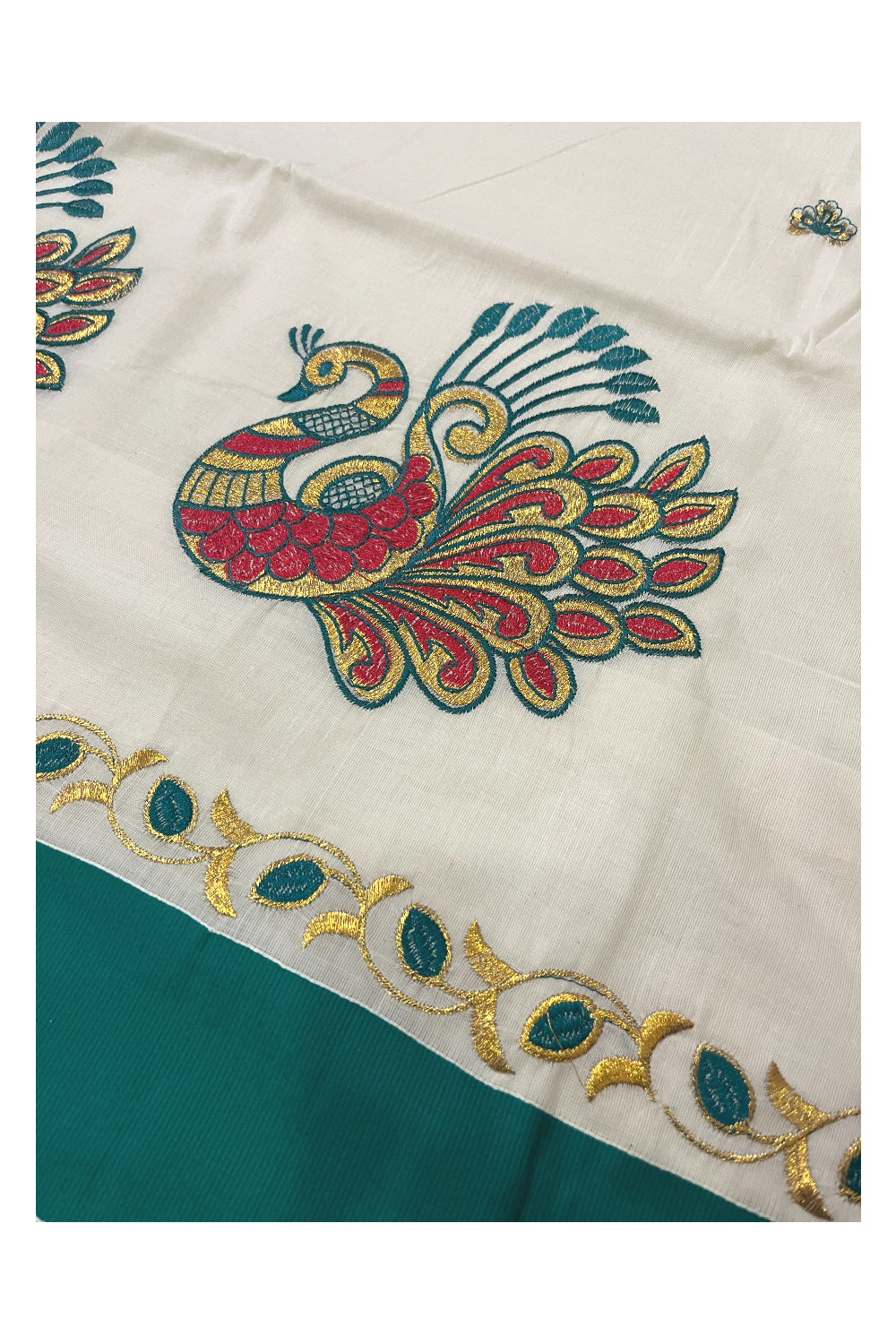 Pure Cotton Kerala Saree with Peacock Embroidery Work and Green Border (Onam Saree 2023)