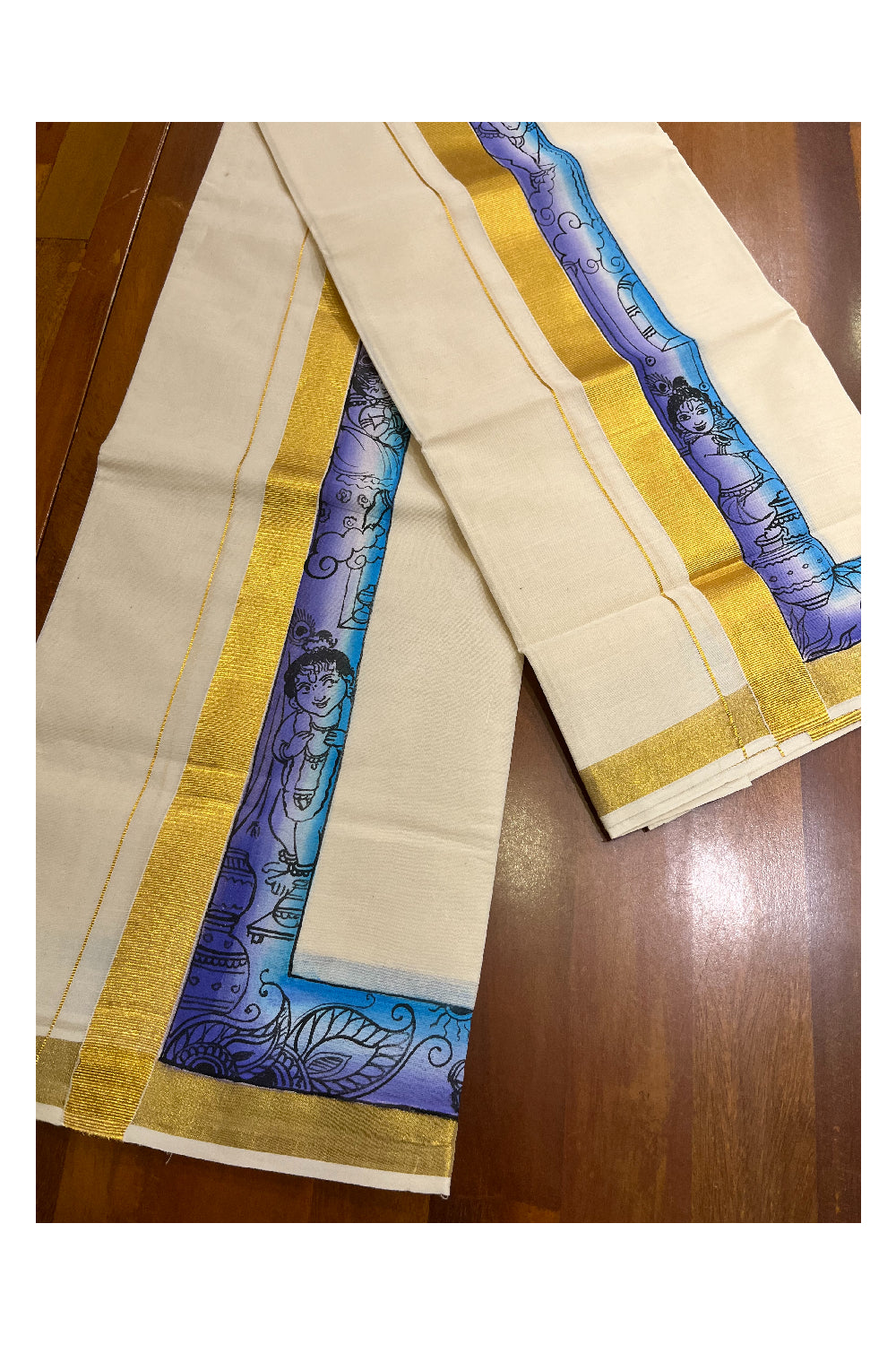 Southloom Handloom Premium Kerala Cotton Single Set Mundu (Mundum Neriyathum) with Hand Painted Designs with Kasavu Border - 2.80Mtrs