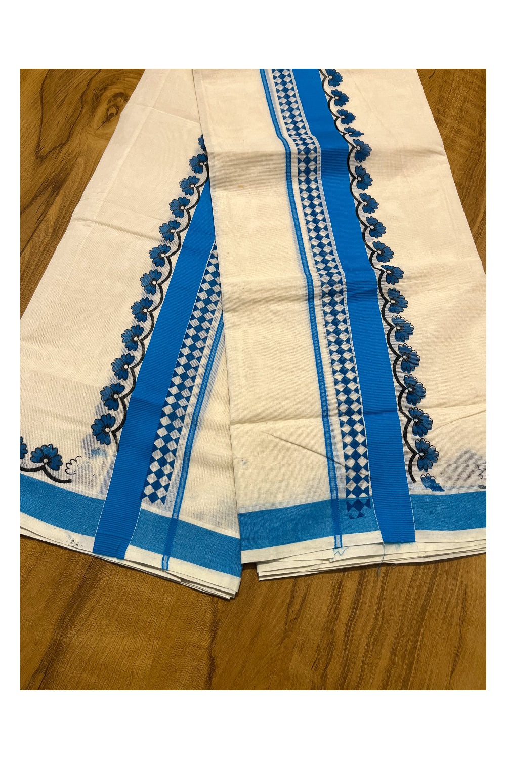 Kerala Cotton Single Set Mundu (Mundum Neriyathum) with Blue Block printed work Border 2.80 Mtrs