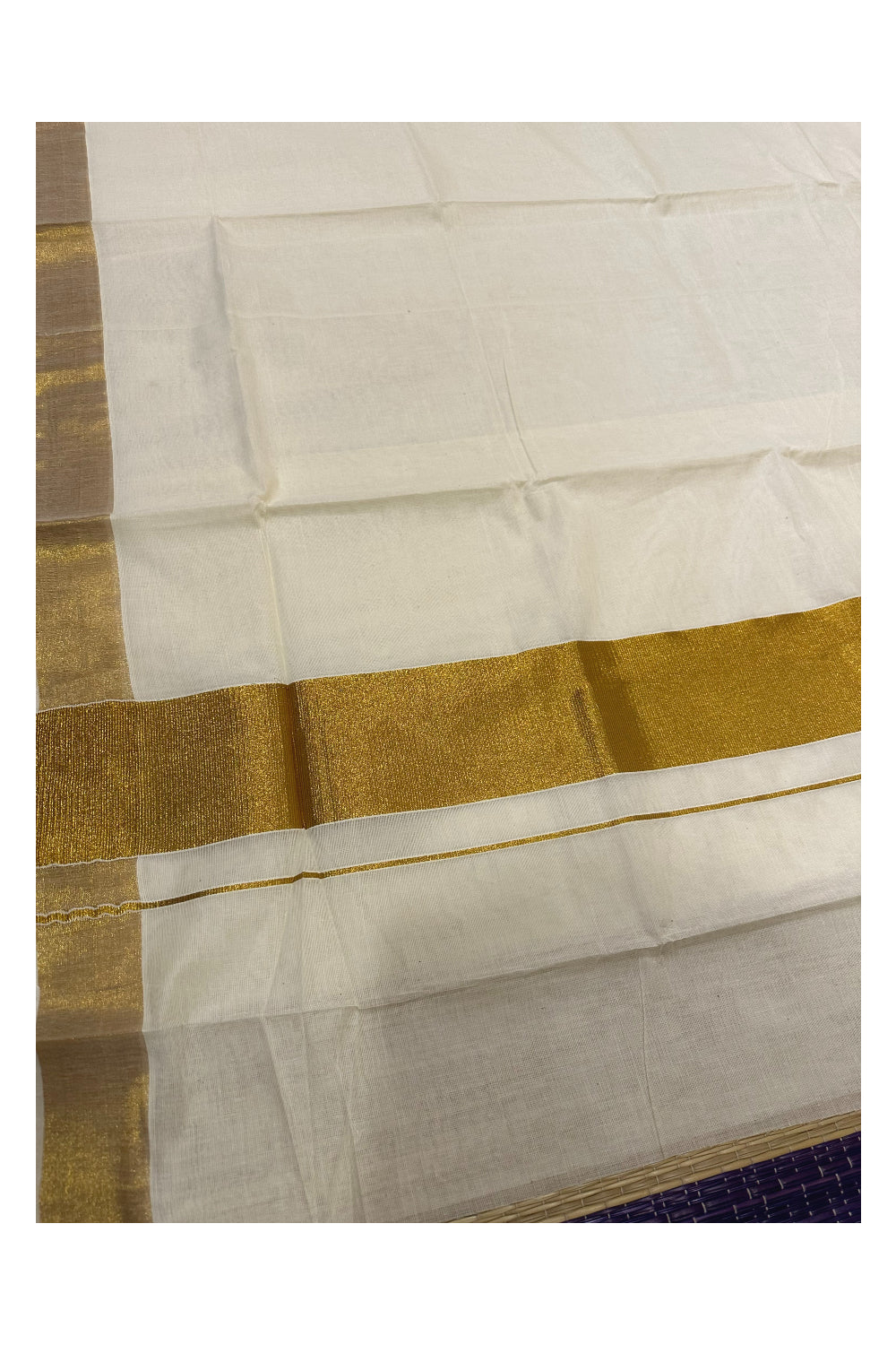 Plain Mixed Fabric Kasavu Saree with 4x3 Border