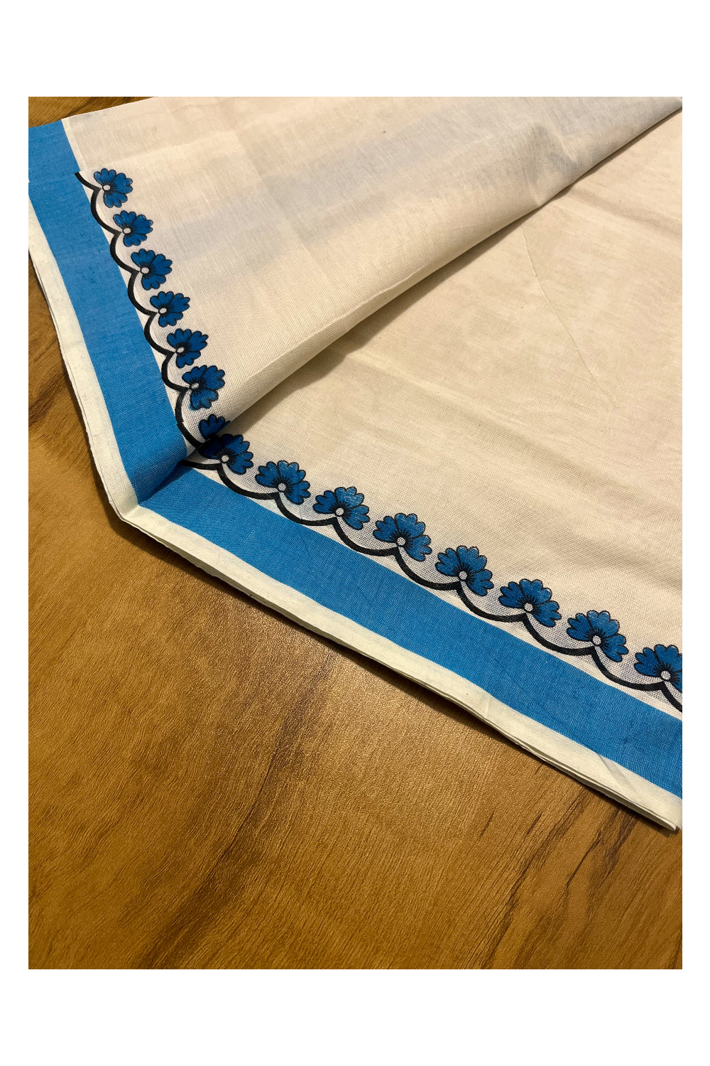 Kerala Cotton Single Set Mundu (Mundum Neriyathum) with Blue Block printed work Border 2.80 Mtrs