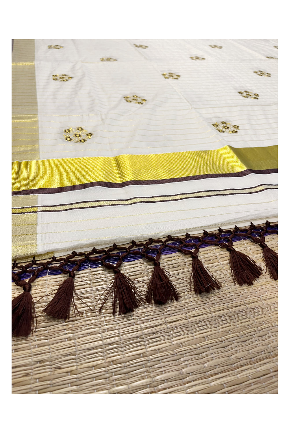 Kerala Cotton Kasavu Lines Saree with Brown and Golden Floral Embroidery Work