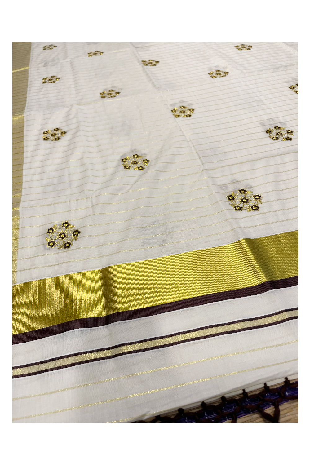 Kerala Cotton Kasavu Lines Saree with Brown and Golden Floral Embroidery Work