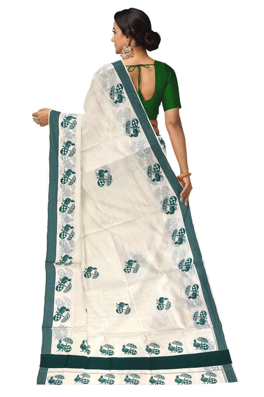 Pure Cotton Kerala Saree with Green Peacock Block Printed Border (Onam Saree 2023)