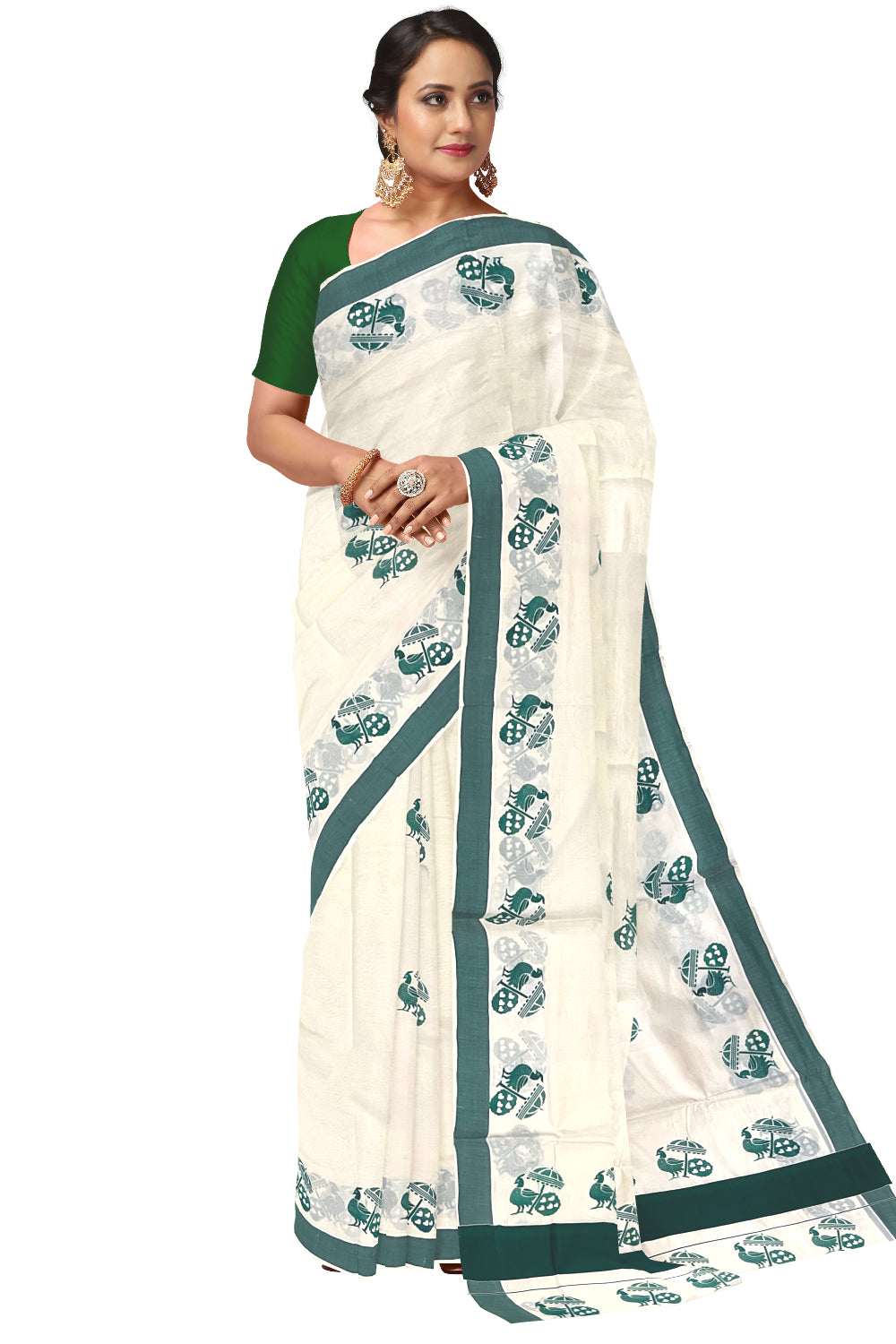 Pure Cotton Kerala Saree with Green Peacock Block Printed Border (Onam Saree 2023)