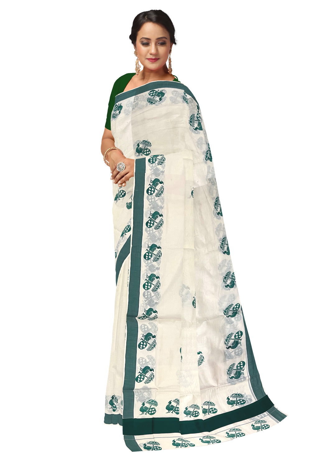 Pure Cotton Kerala Saree with Green Peacock Block Printed Border (Onam Saree 2023)