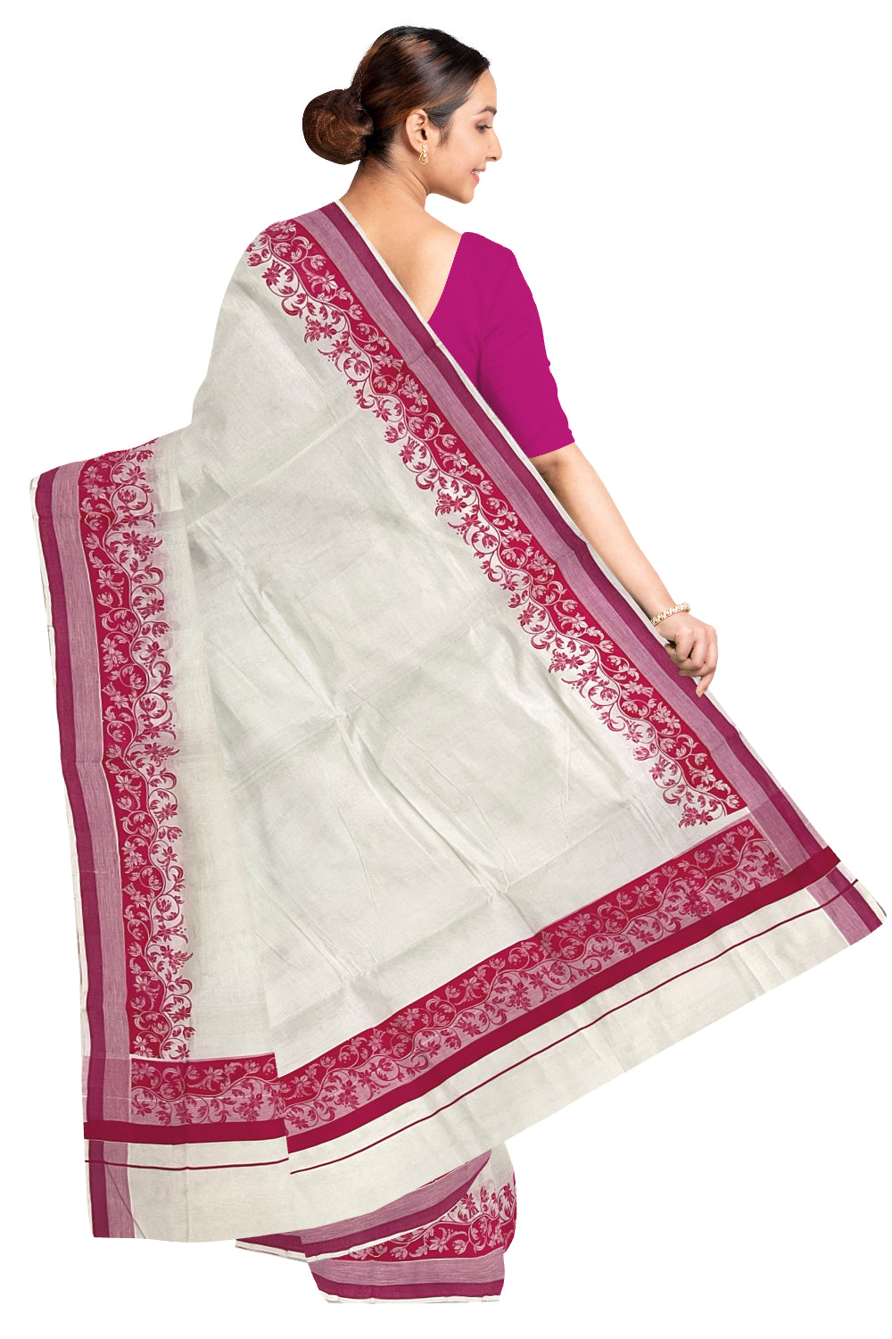 Kerala Cotton Saree with Pink Floral Block Printed Border