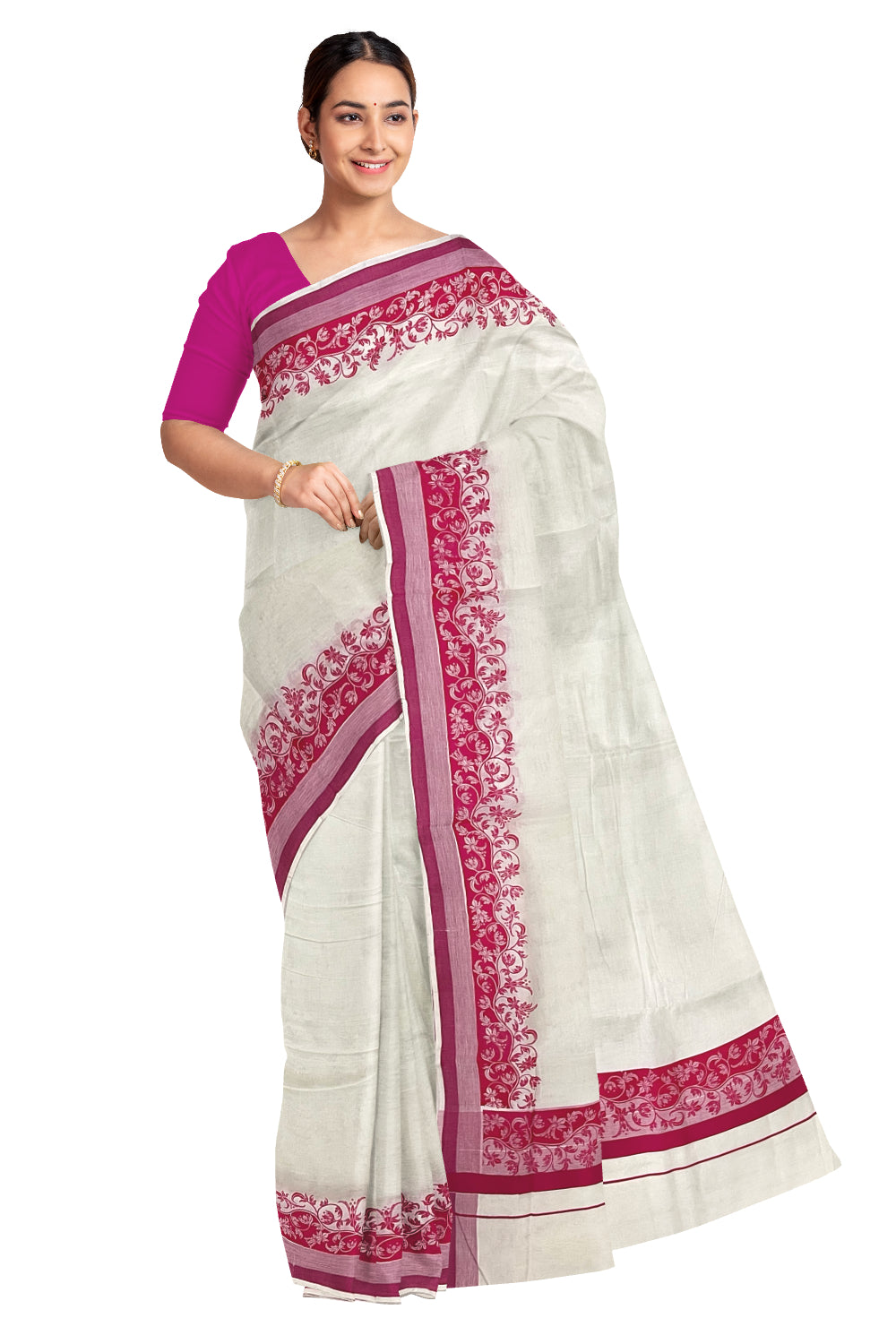 Kerala Cotton Saree with Pink Floral Block Printed Border