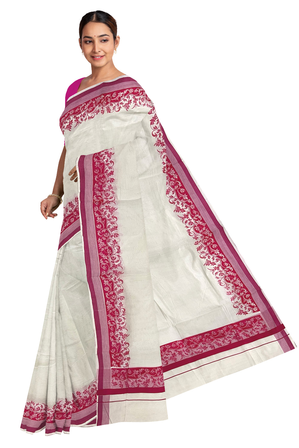 Kerala Cotton Saree with Pink Floral Block Printed Border