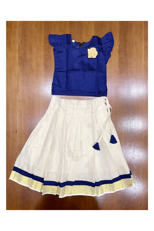Southloom Kerala Blue Pattupavada and Blouse with Flower Design  (Age 2- 5)