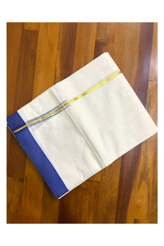 Kerala Pure Cotton Double Mundu with Kasavu Blue Chutti Kara (South Indian Kerala Dhoti)