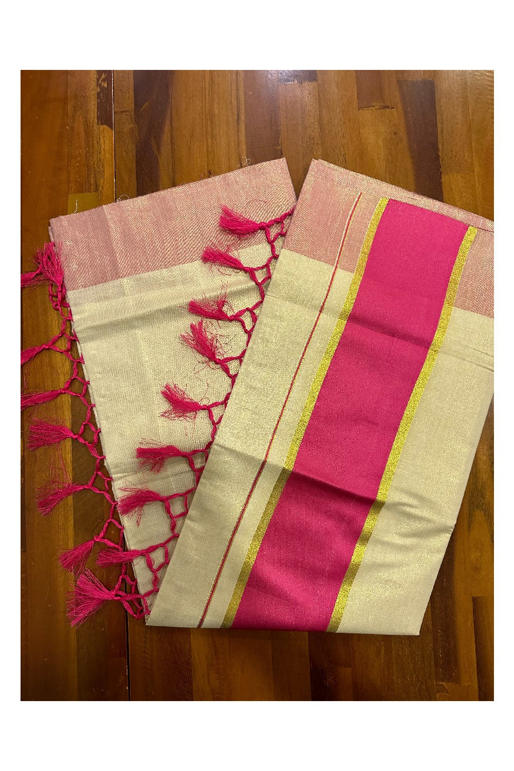 Kerala Kasavu Tissue Plain Saree with Magenta and Kasavu Border and Tassels Work on Pallu (Onam Saree 2023)