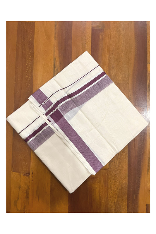 Pure Cotton Kerala Double Mundu with Purple and Silver Kasavu Kara (South Indian Kerala Dhoti)